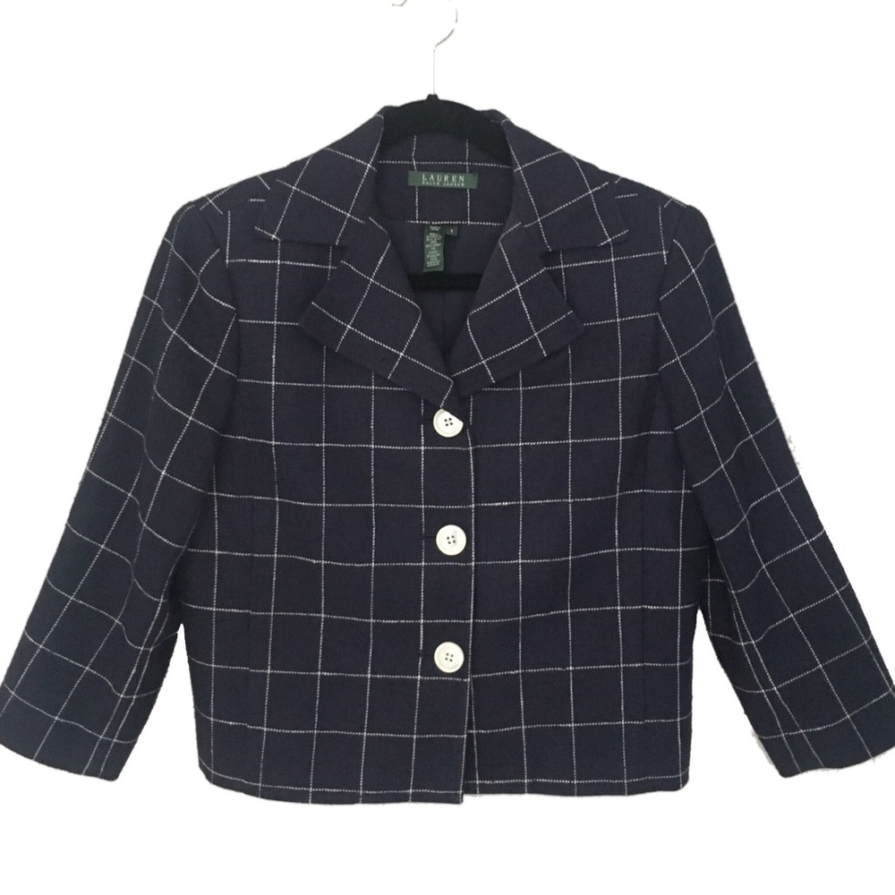 LRL Lauren Ralph Lauren ⌘ Silk + Linen Cropped Jacket ⌘ Windowpane Plaid ⌘ Navy - Picture 1 of 9